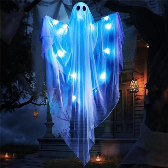 Halloween Hanging Light up Ghost with Spooky Blue LED Light, 47” White Ghosts - Picture 6 of 8
